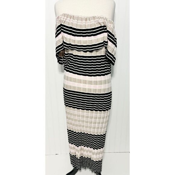 Free People Off Duty Striped Off the Shoulder Midi Sweater Dress Tan Pink Large‎ - Picture 1 of 11